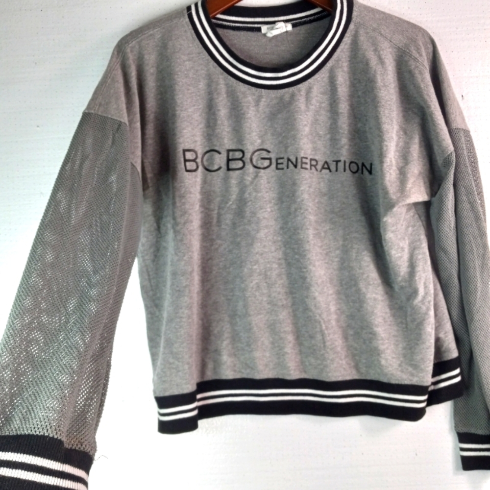 BCBG Generation L Spellout Mesh Sleeve Sweatshirt in Gray Black